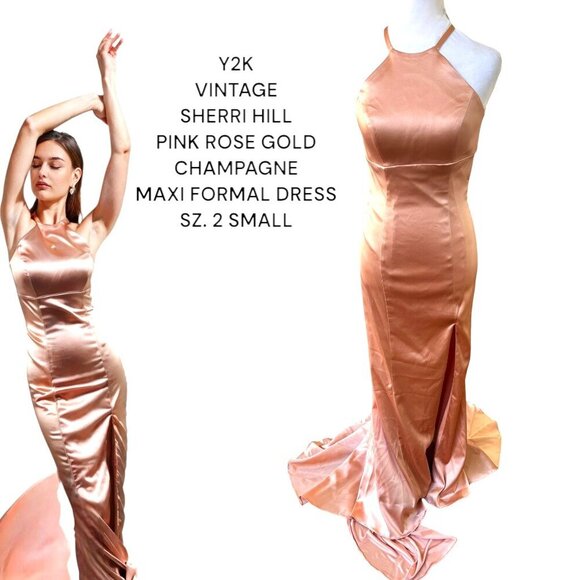 Y2K VTG. SHERRI HILL PINK ROSE GOLD CHAMPAGNE‎ MAXI FORMAL DRESS GOWN 2 SMALL